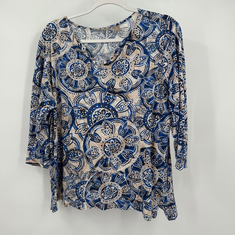 Chicos Womens Medallion Mandala Top Size 3 US XL Blue Mediterranean Boho Office
